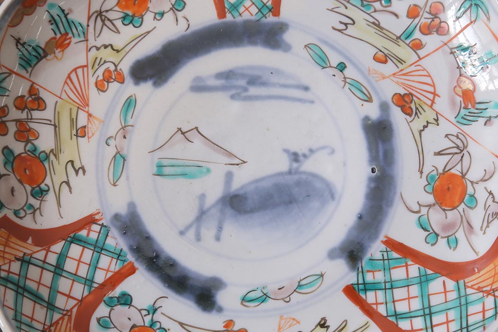 アンティーク雑貨　古民具・骨董　明治期　山水図　色絵七寸皿4枚セット(染付皿、中皿、和食器)(R-041110)