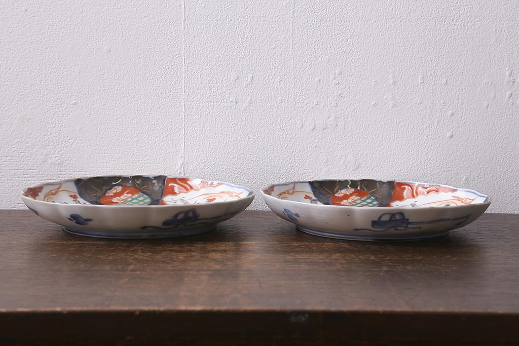 アンティーク雑貨　古民具・骨董　明治期　伊万里焼　色絵七寸皿2枚セット(和食器、中皿)(R-041112)