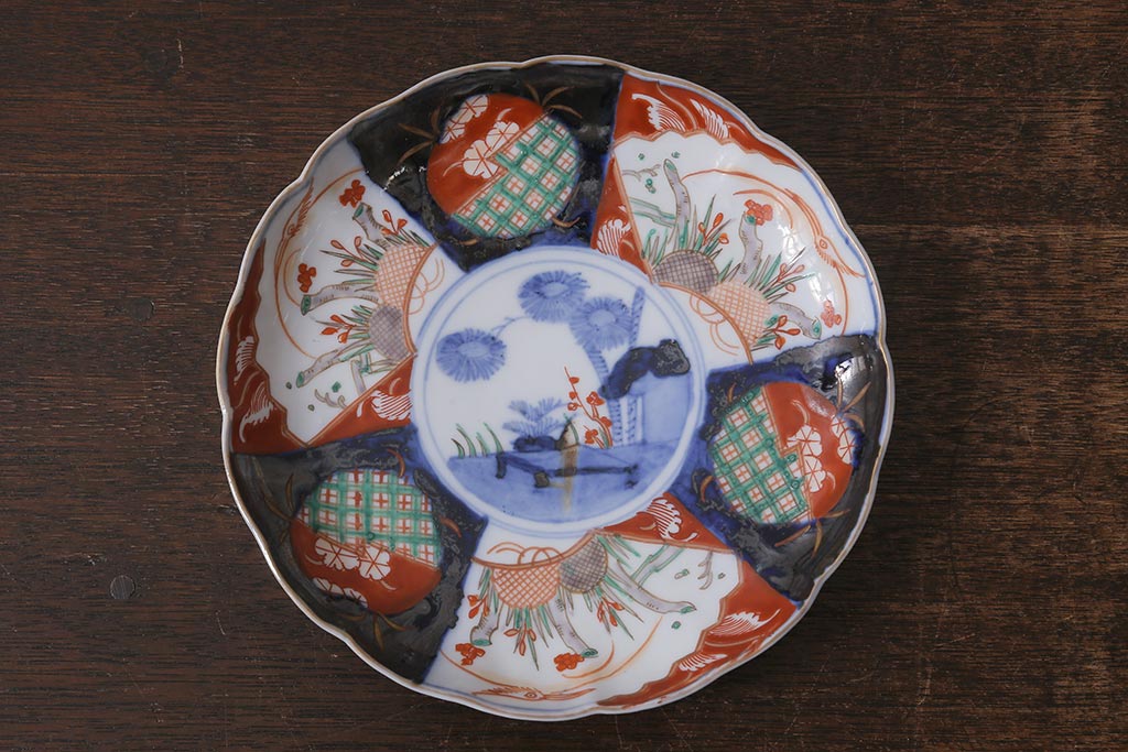 アンティーク雑貨　古民具・骨董　明治期　伊万里焼　色絵七寸皿2枚セット(和食器、中皿)(R-041112)