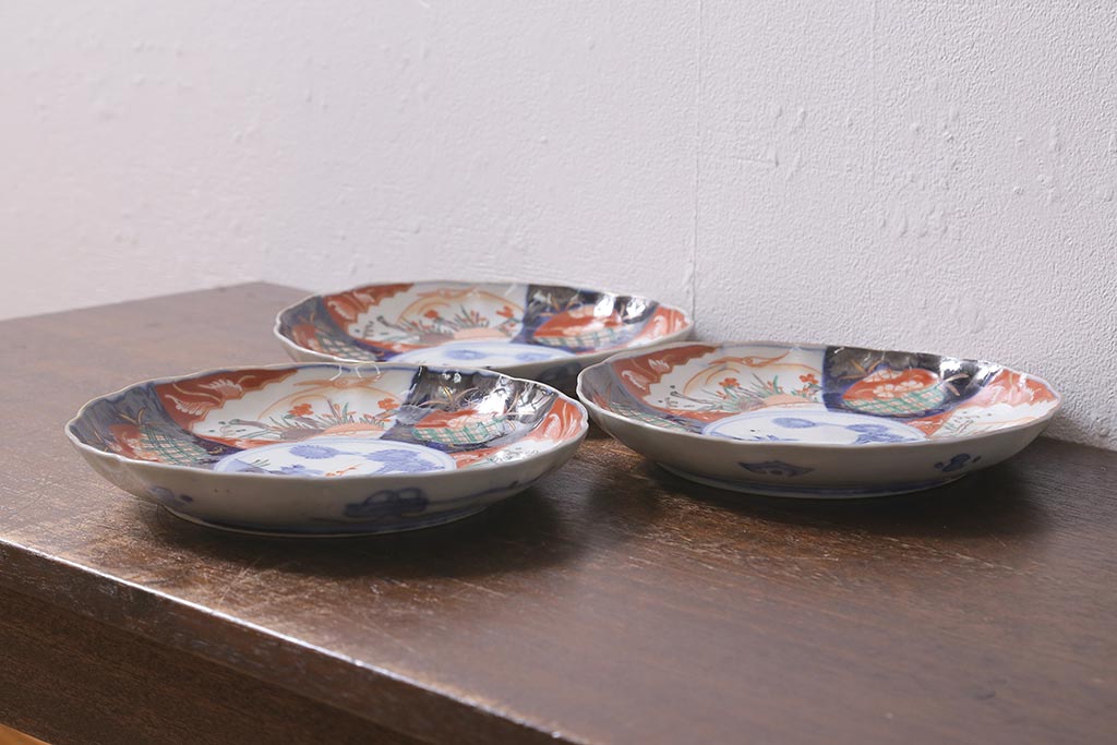 アンティーク雑貨　古民具・骨董　明治期　伊万里焼　色絵七寸皿3枚セット(和食器、中皿)(R-041113)
