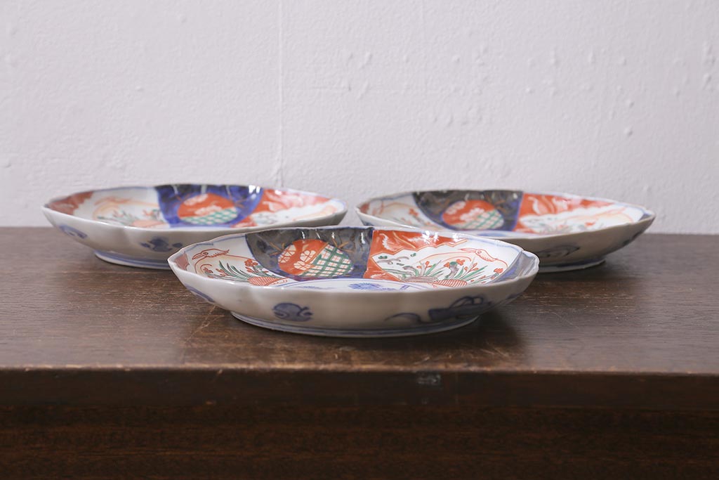 アンティーク雑貨　古民具・骨董　明治期　伊万里焼　色絵七寸皿3枚セット(和食器、中皿)(R-041114)