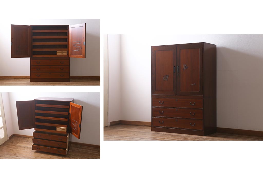 中古　国産　工芸家具　高級品　総無垢材　桐材・桑材　衣装盆付き　品のある佇まいが魅力の衣装箪笥(和タンス、洋服タンス、桐箪笥、桐たんす)(R-041135)