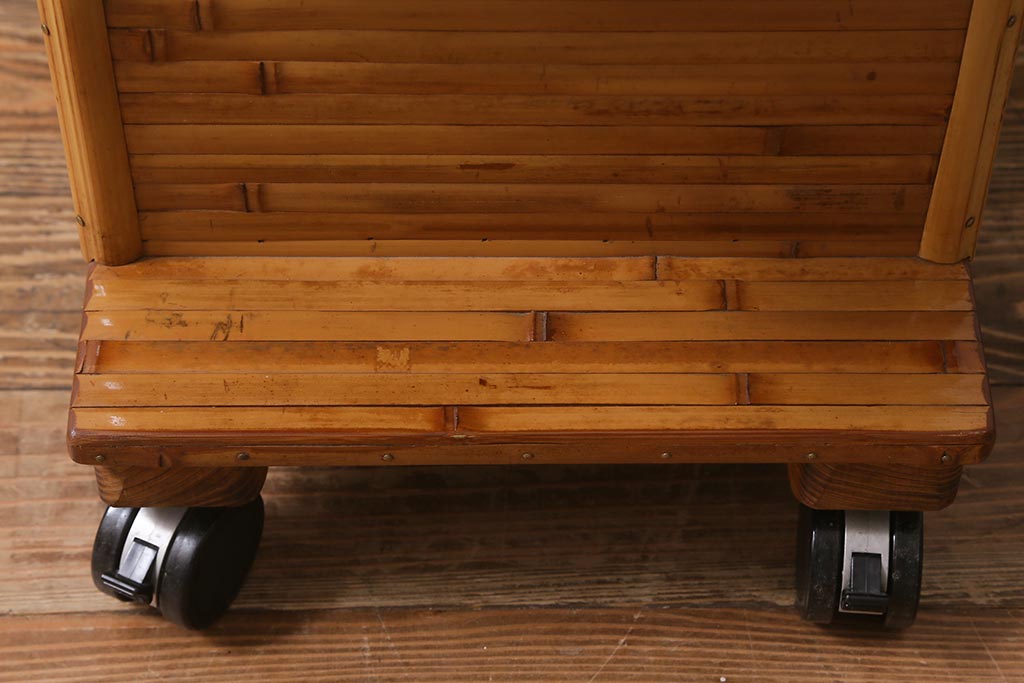 中古 梅里竹芸 キャスター付き 竹製の長椅子用テーブル&チェア(デスク 