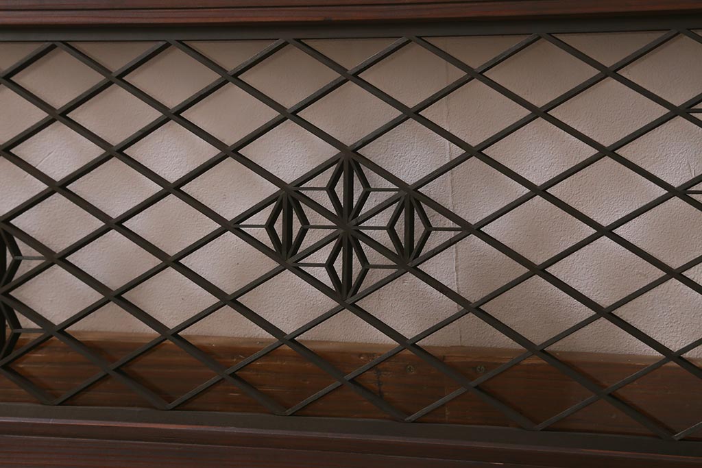 ビンテージ建具　片面ガラス　菱模様に散らした麻の葉組子が美しい欄間(明り取り、明かり取り、建具)(R-041253)