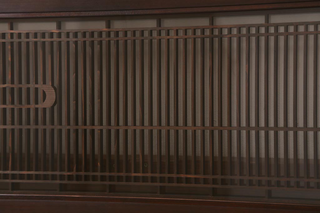 ビンテージ建具　両面ガラス入り　組子　細かい格子に流水模様が組み込まれた上品な筬欄間(オサランマ、明り取り、明かり取り)(R-041255)