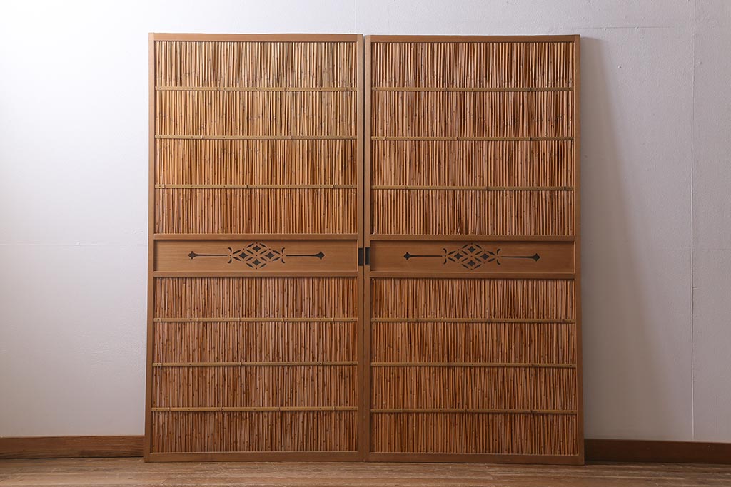 ビンテージ建具　上品な和の雰囲気を高める御簾戸2枚セット(簾戸、簀戸、葭戸、夏障子、夏戸、葦戸)(R-041268)