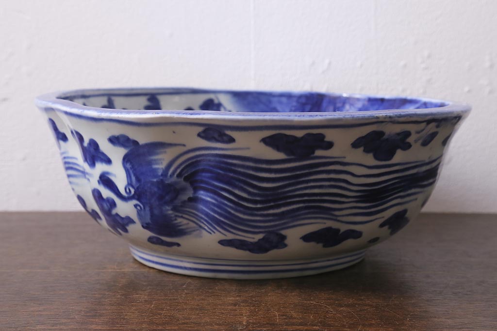 アンティーク雑貨　明治期　染付　べろ藍　草花文　特大深鉢(和食器、深皿)(R-041299)