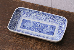 幕末期　上手物　金彩色絵染付　花盆文　8.3寸皿　約25cm　鮮やかな色彩が目を惹く楕円皿(八寸三分、和皿、和食器、皿)(R-061699)