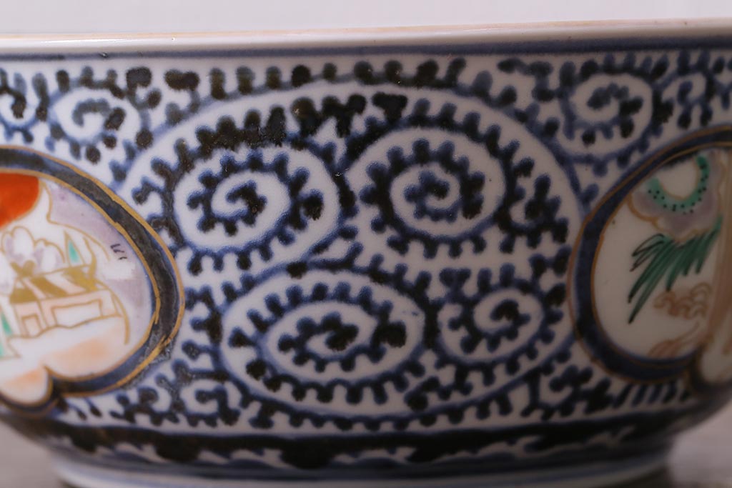 アンティーク雑貨　江戸期　古伊万里　蛸唐草窓絵深皿(色絵深鉢、和食器)(R-041311)