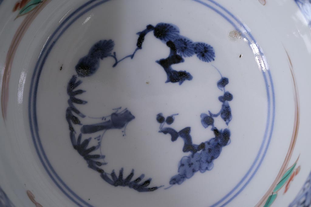 アンティーク雑貨　江戸期　古伊万里　蛸唐草窓絵深皿(色絵深鉢、和食器)(R-041312)