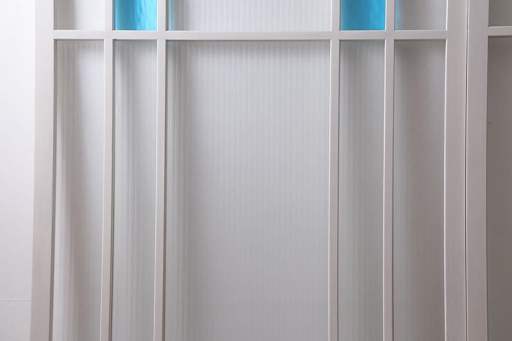 アンティーク建具　昭和中期　ペイント　色ガラス・銀モールガラス　爽やかなカラーが目を引くガラス戸2枚セット(引き戸、建具)(R-041320)