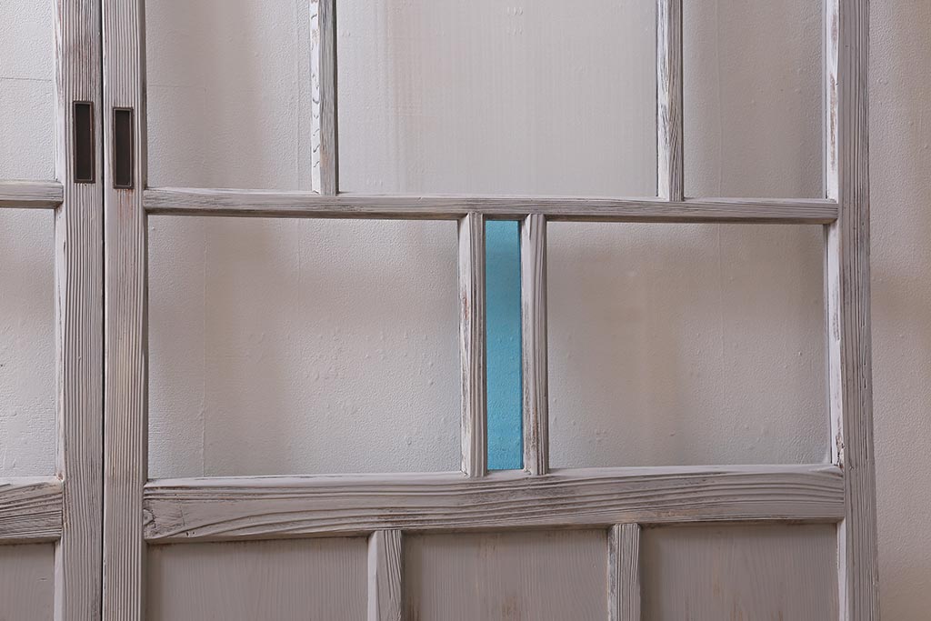 アンティーク建具　昭和初期　ペイント　色ガラス・モールガラス　色ガラスがレトロなガラス戸2枚セット(引き戸、建具)(R-041321)