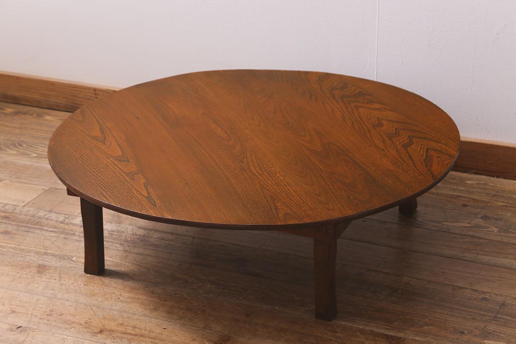アンティーク家具　昭和初期　栓材　温かみのある木味が魅力のレトロな丸ちゃぶ台(折りたたみテーブル、座卓、ローテーブル)(R-041330)