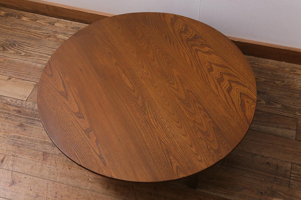 アンティーク家具　昭和初期　栓材　温かみのある木味が魅力のレトロな丸ちゃぶ台(折りたたみテーブル、座卓、ローテーブル)(R-041330)