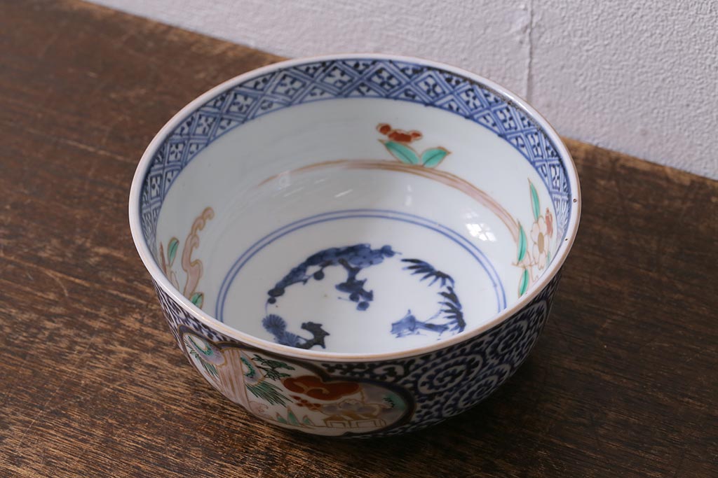 アンティーク雑貨　江戸期　古伊万里　蛸唐草窓絵深皿(色絵深鉢、和食器)(R-041333)