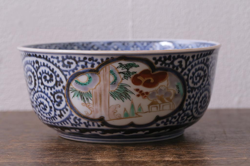 アンティーク雑貨　江戸期　古伊万里　蛸唐草窓絵深皿(色絵深鉢、和食器)(R-041333)