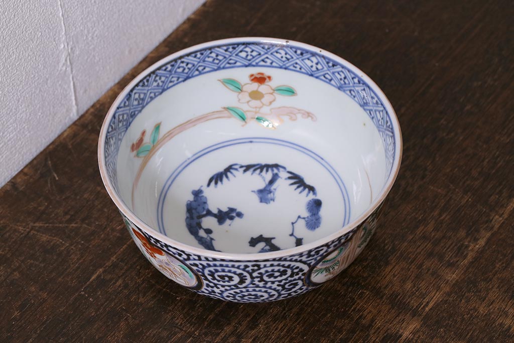 アンティーク雑貨　江戸期　古伊万里　蛸唐草窓絵深皿(色絵深鉢、和食器)(R-041333)