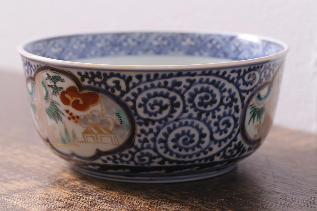 アンティーク雑貨　江戸期　古伊万里　蛸唐草窓絵深皿(色絵深鉢、和食器)(R-041333)