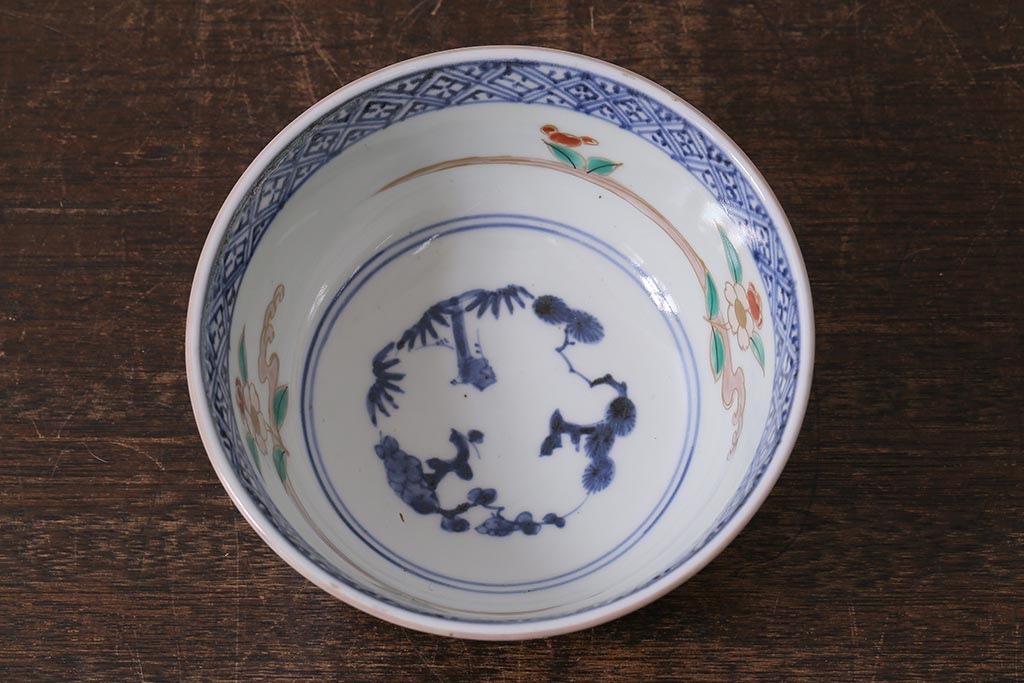 アンティーク雑貨　江戸期　古伊万里　蛸唐草窓絵深皿(色絵深鉢、和食器)(R-041333)