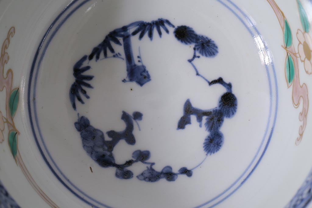 アンティーク雑貨　江戸期　古伊万里　蛸唐草窓絵深皿(色絵深鉢、和食器)(R-041333)