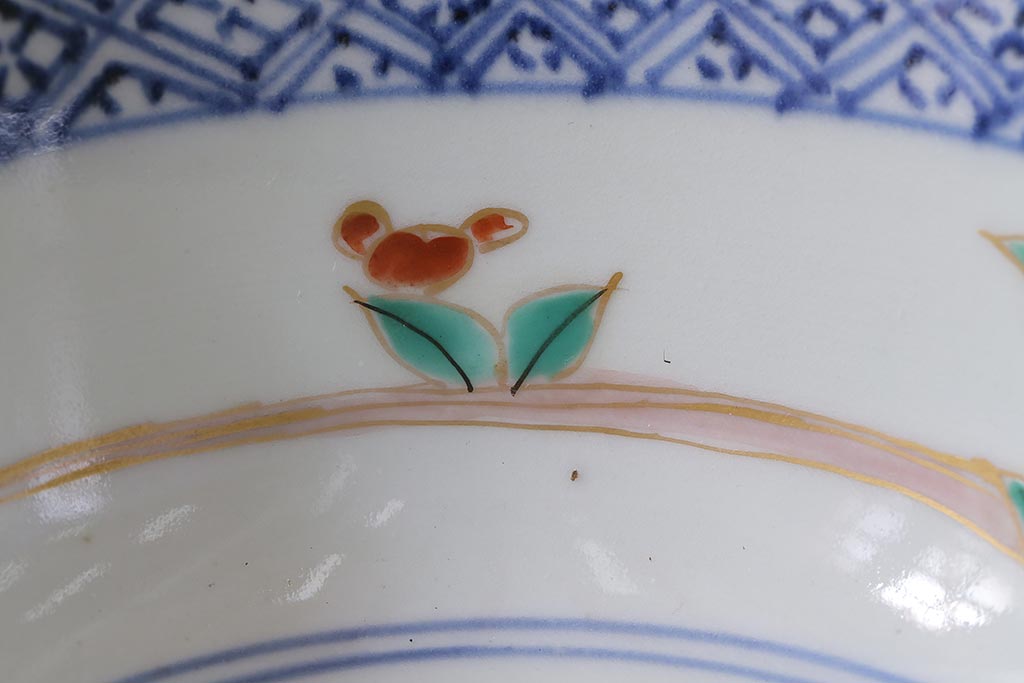 アンティーク雑貨　江戸期　古伊万里　蛸唐草窓絵深皿(色絵深鉢、和食器)(R-041333)
