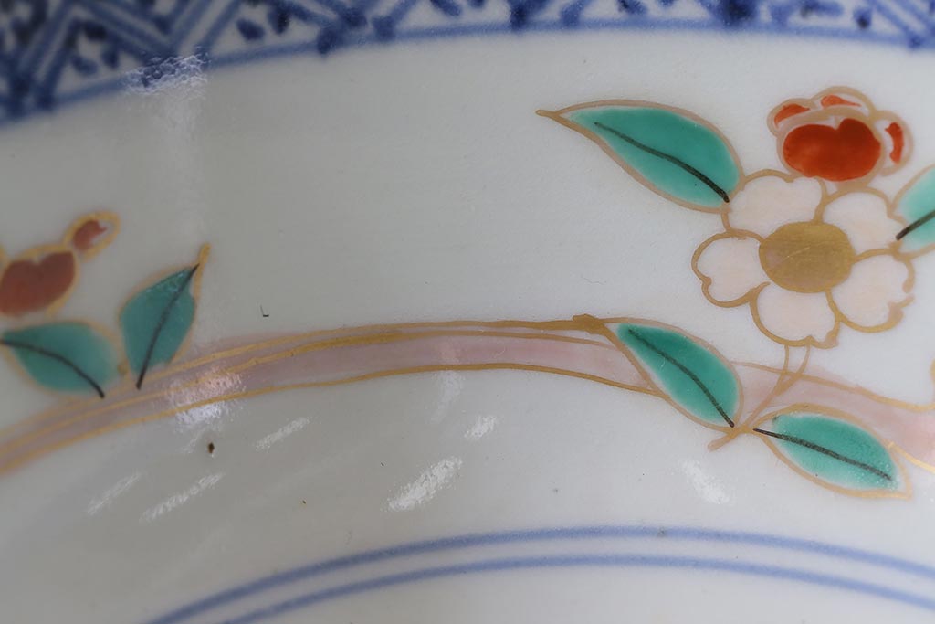 アンティーク雑貨　江戸期　古伊万里　蛸唐草窓絵深皿(色絵深鉢、和食器)(R-041333)