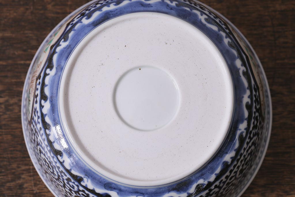 アンティーク雑貨　江戸期　古伊万里　蛸唐草窓絵深皿(色絵深鉢、和食器)(R-041333)