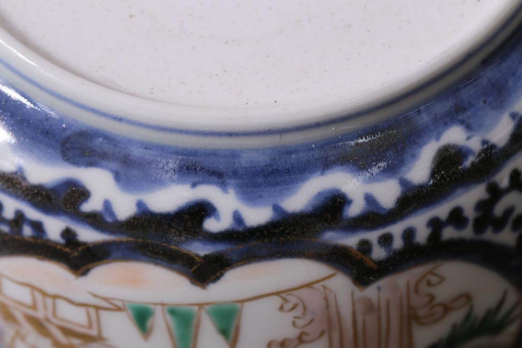 アンティーク雑貨　江戸期　古伊万里　蛸唐草窓絵深皿(色絵深鉢、和食器)(R-041333)