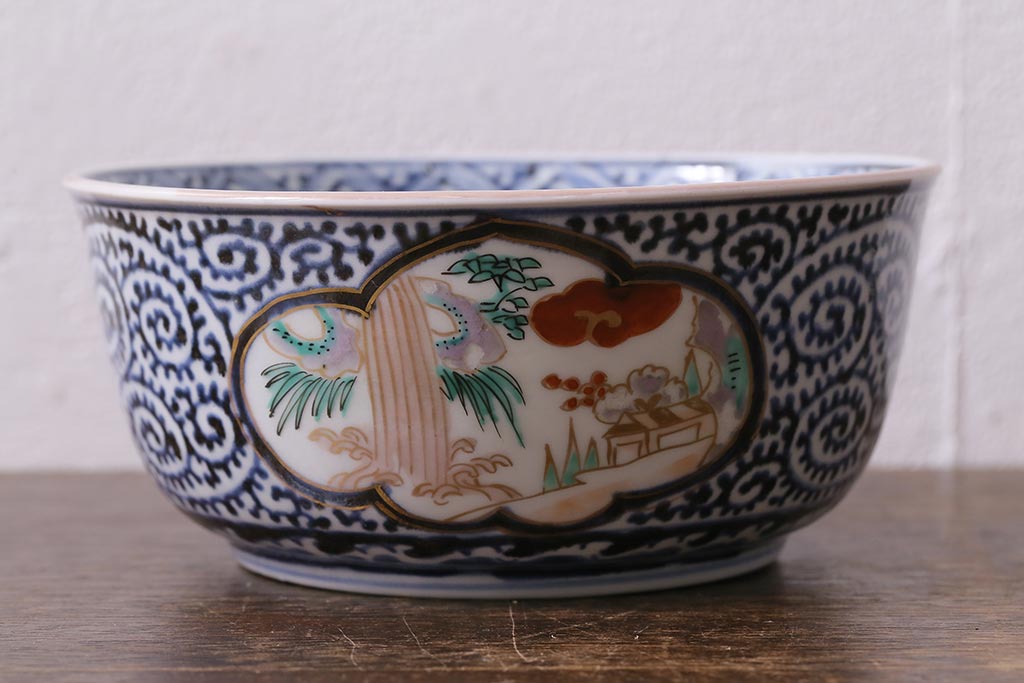 アンティーク雑貨　江戸期　古伊万里　蛸唐草窓絵深皿(色絵深鉢、和食器)(R-041333)