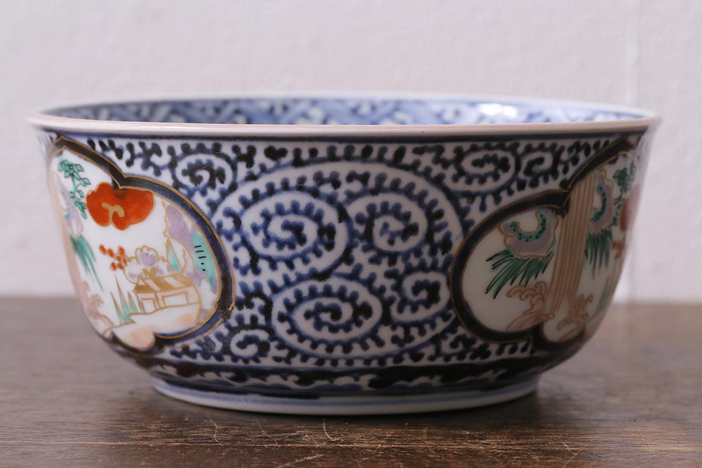 アンティーク雑貨　江戸期　古伊万里　蛸唐草窓絵深皿(色絵深鉢、和食器)(R-041333)