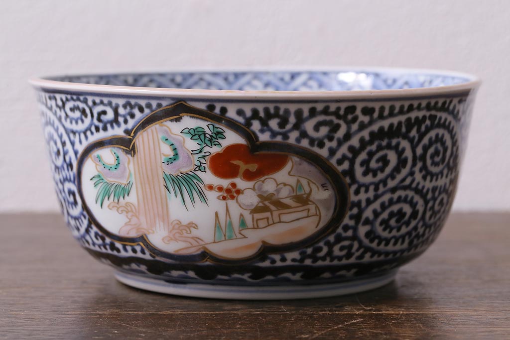 アンティーク雑貨　江戸期　古伊万里　蛸唐草窓絵深皿(色絵深鉢、和食器)(R-041333)