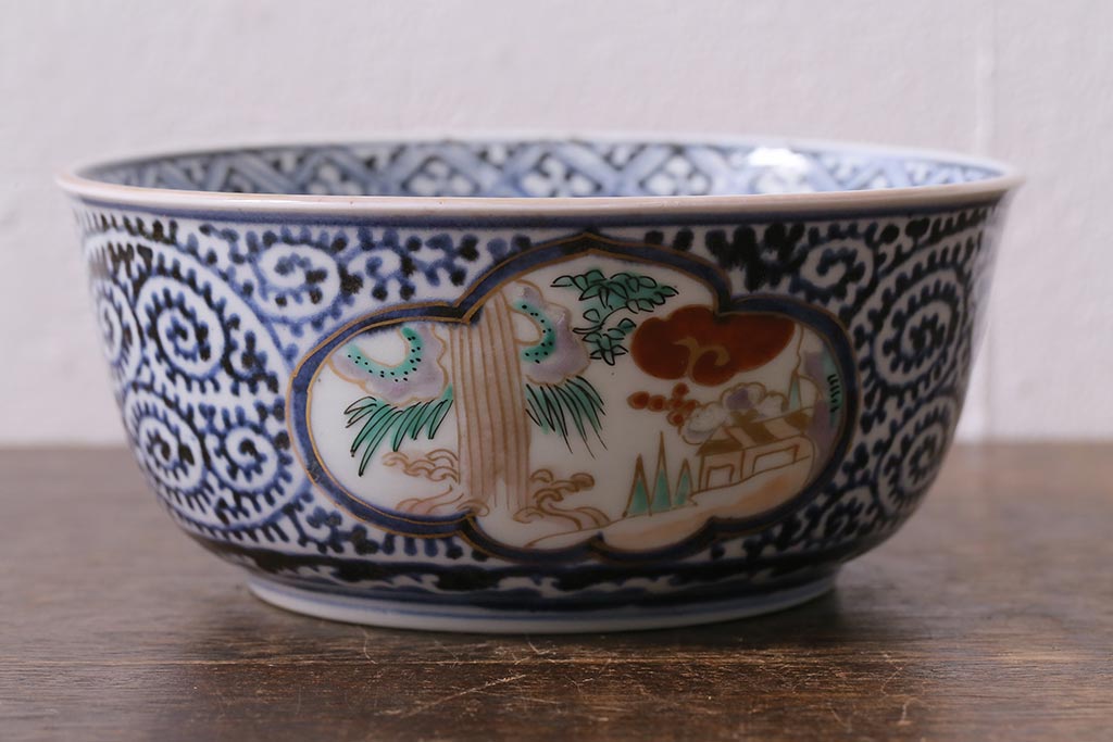 アンティーク雑貨　江戸期　古伊万里　蛸唐草窓絵深皿(色絵深鉢、和食器)(R-041333)