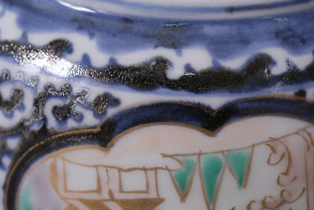 アンティーク雑貨　江戸期　古伊万里　蛸唐草窓絵深皿(色絵深鉢、和食器)(R-041333)