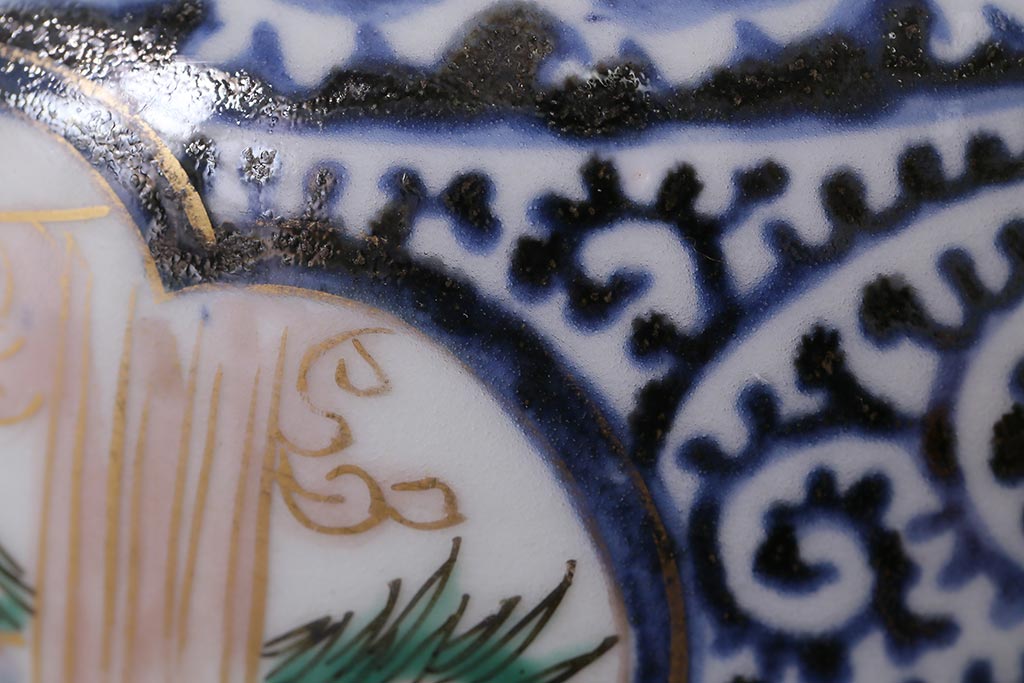 アンティーク雑貨　江戸期　古伊万里　蛸唐草窓絵深皿(色絵深鉢、和食器)(R-041333)