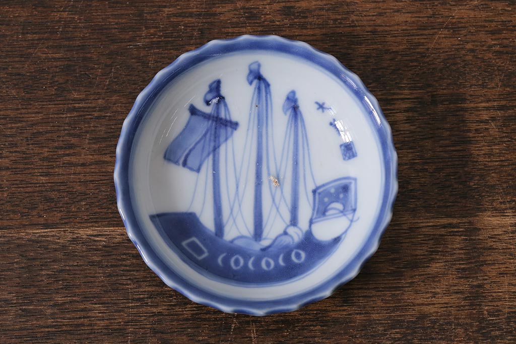 アンティーク雑貨　骨董　江戸期　古伊万里　船の図　染付小皿3枚セット(和食器)(R-041341)
