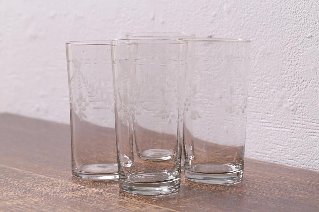 アンティーク雑貨　昭和初期　吹きガラス　切子グラス4個セット(和ガラス、コップ)(R-041389)
