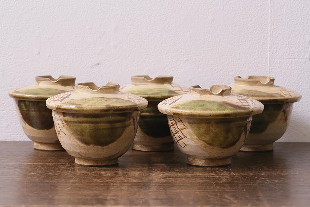 アンティーク雑貨　江戸明治期　時代物　古い織部焼蓋茶碗5客セット(和食器)(R-041390)