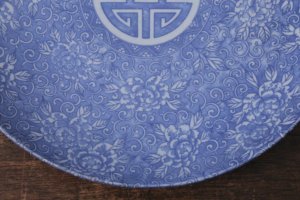 アンティーク雑貨　明治大正期　牡丹唐草印判尺皿(大皿、和食器)(R-041421)