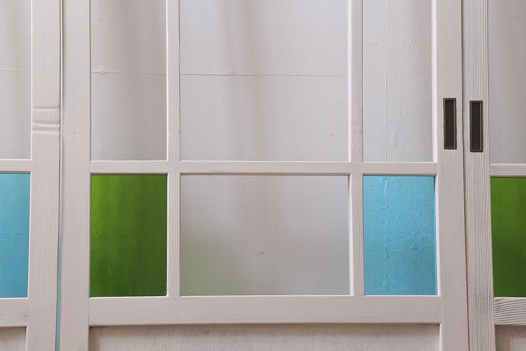 ビンテージ建具　ペイント　ブルーとグリーンの色ガラスが爽やかな印象のガラス戸4枚セット(引き戸、建具)(R-041440)