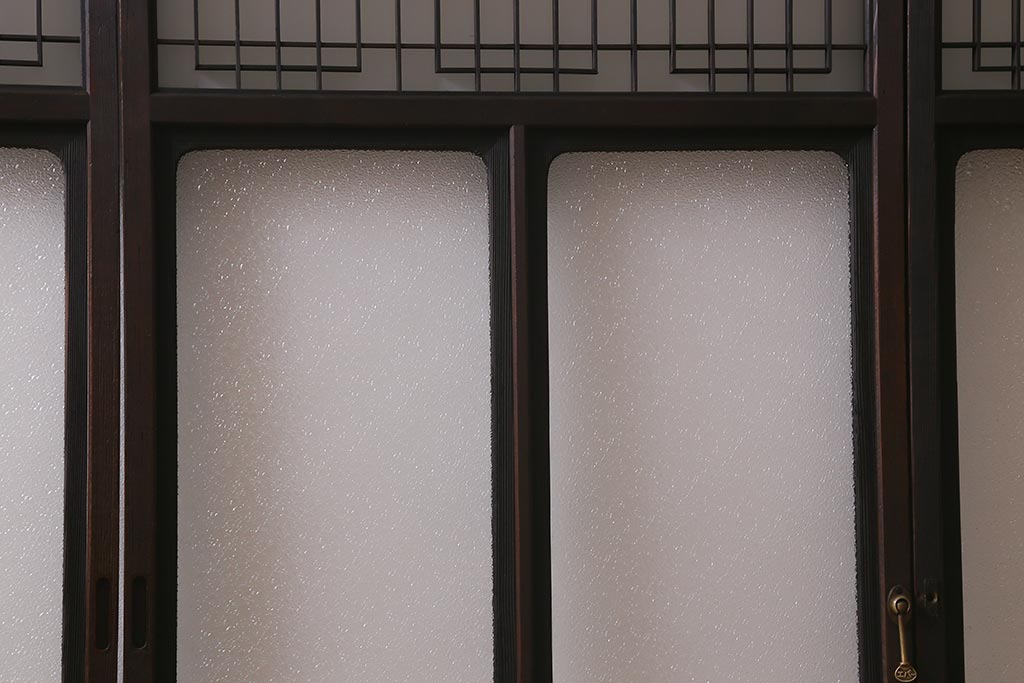 アンティーク建具　昭和初期　ダイヤガラス・すりガラス入り　凝ったデザインの組子がお洒落なガラス戸4枚セット(窓、書院戸、引き戸)(R-041447)