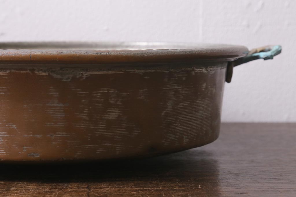 アンティーク雑貨　シャビーな風合いがおしゃれなフランスアンティークの銅鍋(パン、両手鍋)(R-041457)