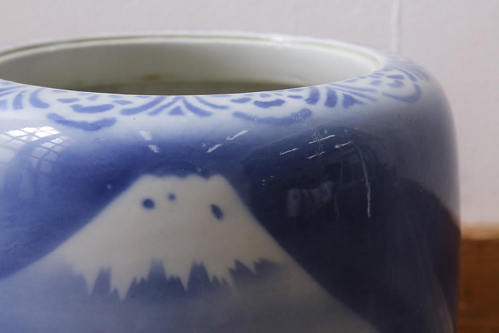 レトロ雑貨　富士山の図　淡い色が優しげな瀬戸火鉢(手あぶり、鉢カバー)(R-041566)