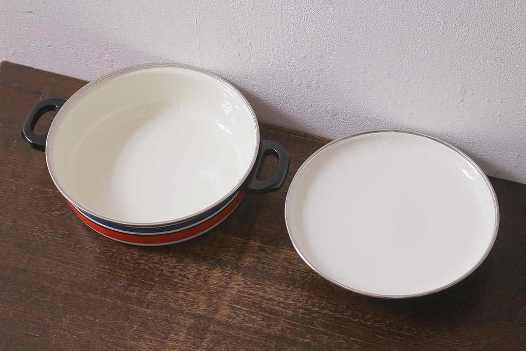 未使用品　昭和レトロ　ノリタケ(Noritake、則武)　24cm　ホーロー鍋(両手鍋、蓋付なべ)(R-041600)