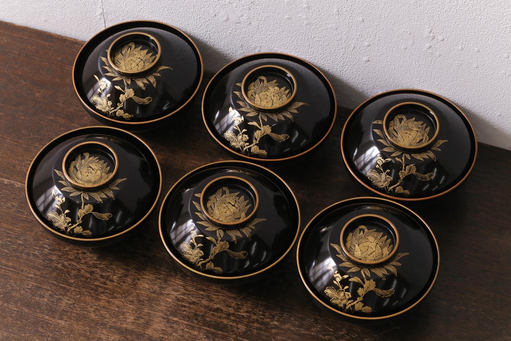 アンティーク雑貨　大正昭和初期　花蝶図　沈金蒔絵木製椀6客セット(お椀、漆器)(R-041618)