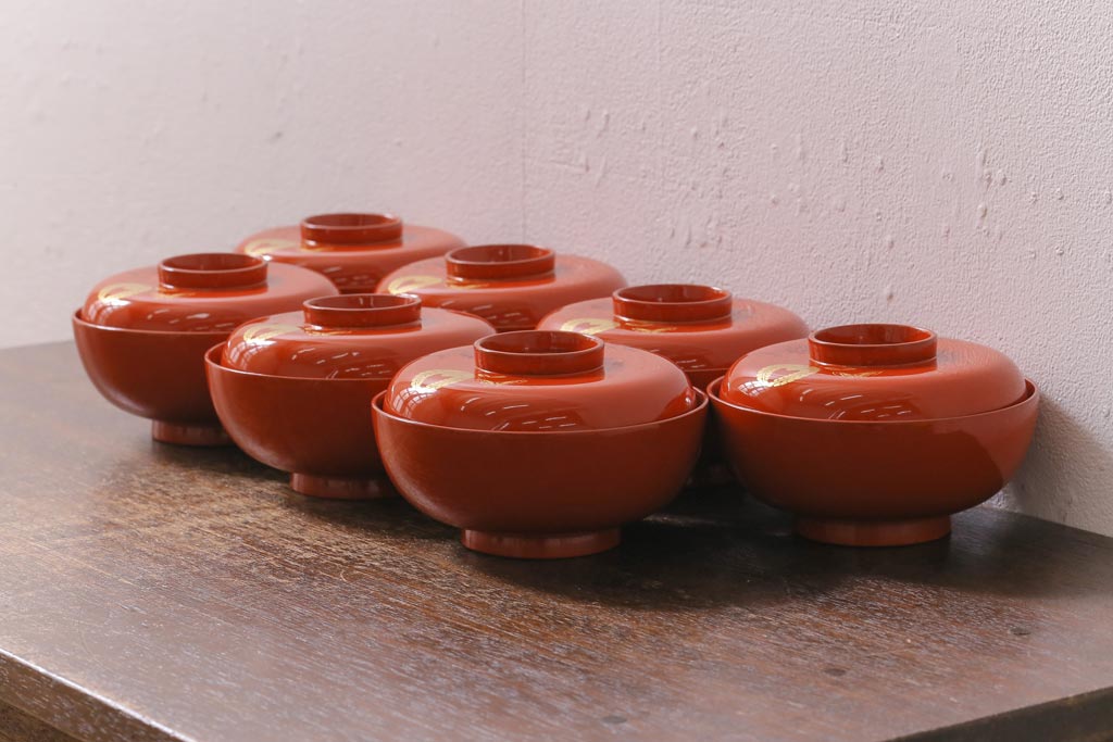 アンティーク雑貨　大正昭和初期　花蝶図　上がり藤　竹に雀　朱塗り　沈金蒔絵木製椀7客セット(お椀、漆器)(R-041620)