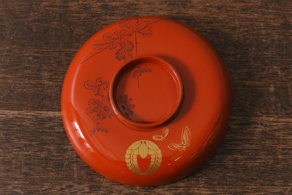 アンティーク雑貨　大正昭和初期　花蝶図　上がり藤　竹に雀　朱塗り　沈金蒔絵木製椀7客セット(お椀、漆器)(R-041620)