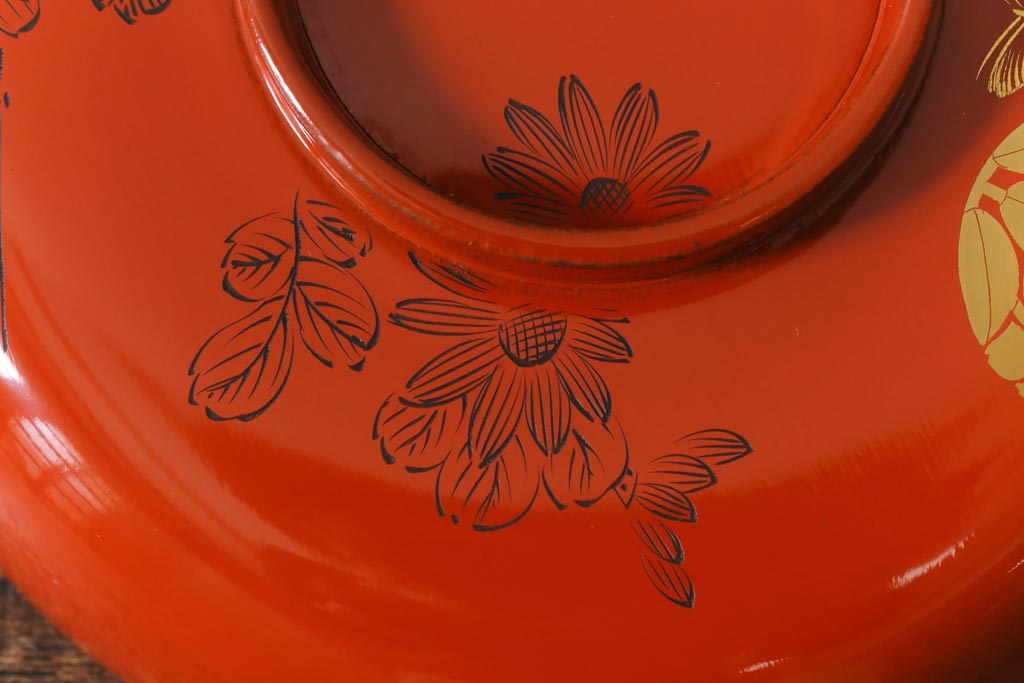 アンティーク雑貨　大正昭和初期　花蝶図　上がり藤　竹に雀　朱塗り　沈金蒔絵木製椀7客セット(お椀、漆器)(R-041620)