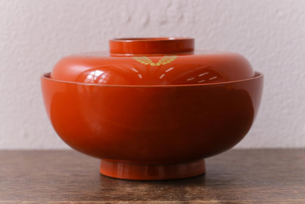 アンティーク雑貨　大正昭和初期　花蝶図　上がり藤　竹に雀　朱塗り　沈金蒔絵木製椀7客セット(お椀、漆器)(R-041620)