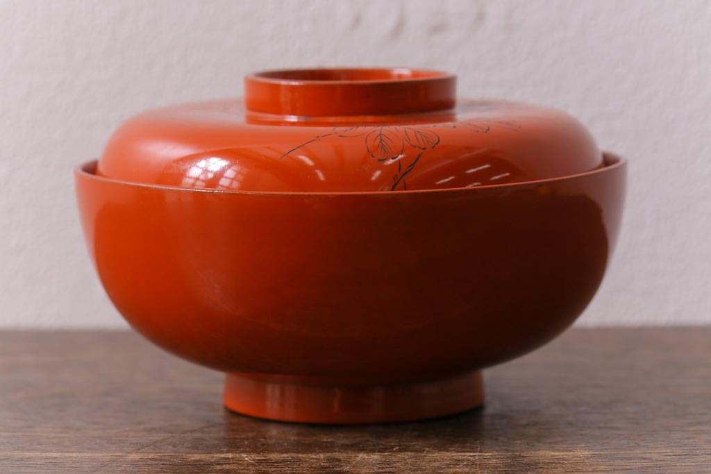 アンティーク雑貨　大正昭和初期　花蝶図　上がり藤　竹に雀　朱塗り　沈金蒔絵木製椀7客セット(お椀、漆器)(R-041620)