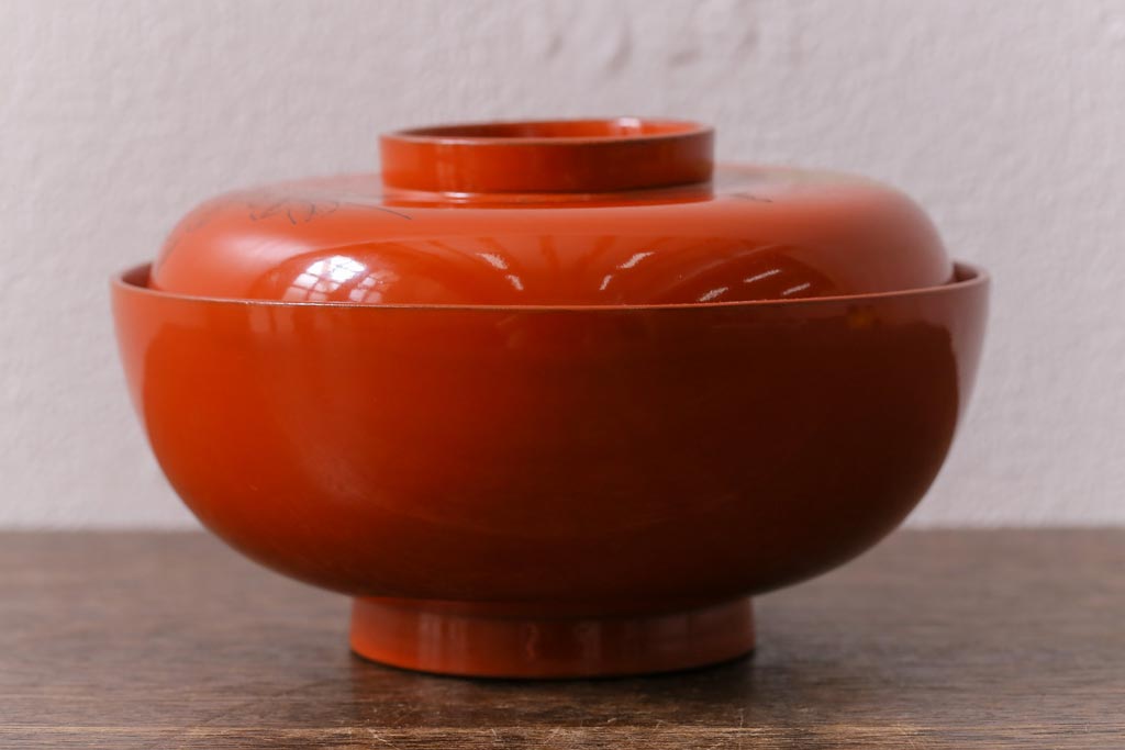 アンティーク雑貨　大正昭和初期　花蝶図　上がり藤　竹に雀　朱塗り　沈金蒔絵木製椀7客セット(お椀、漆器)(R-041620)